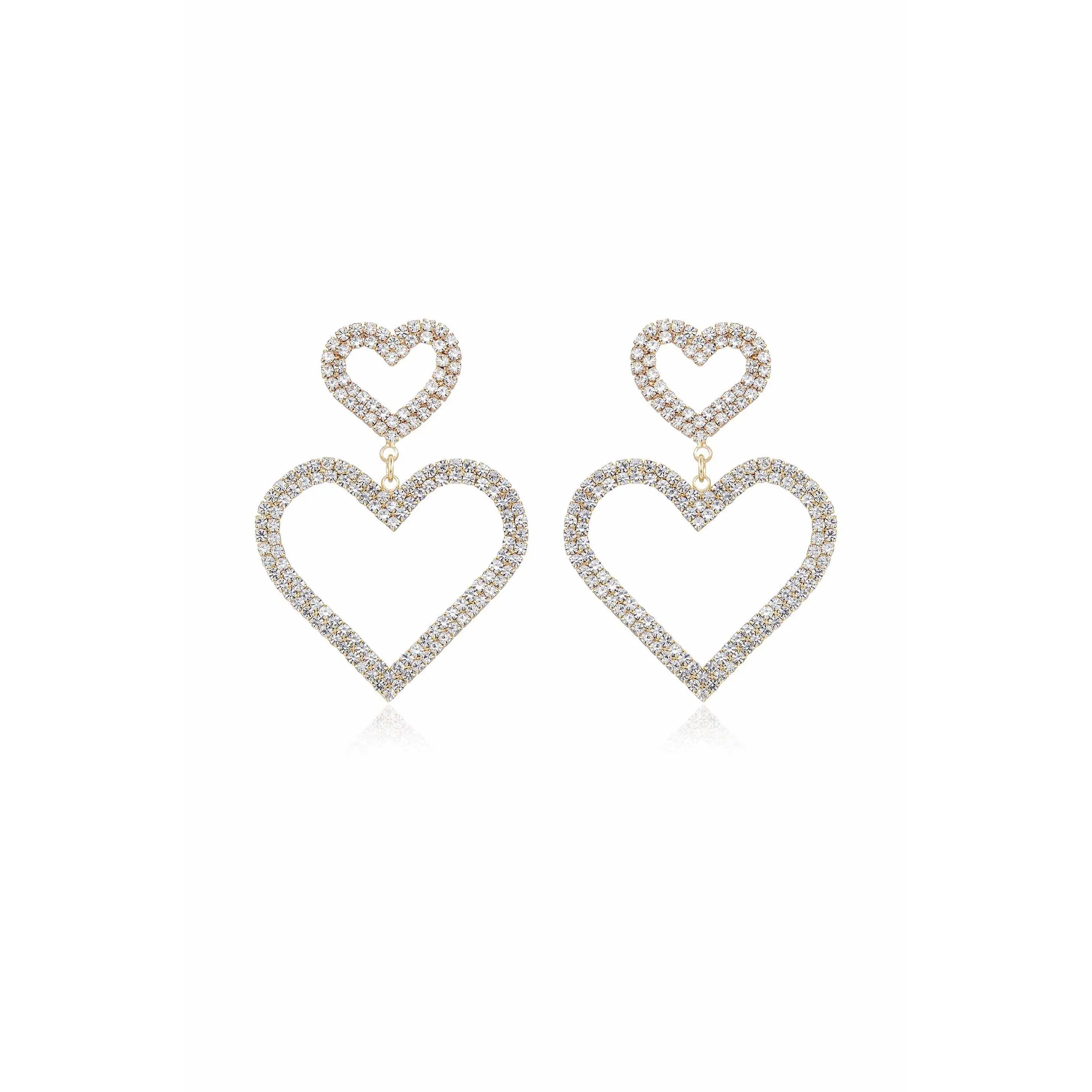 Double Trouble Heart Crystal Earrings – 18K Gold Plated Statement Heart Drop Earrings for Women, Glass Rhinestone Dangle Jewelry with Surgical Steel Posts