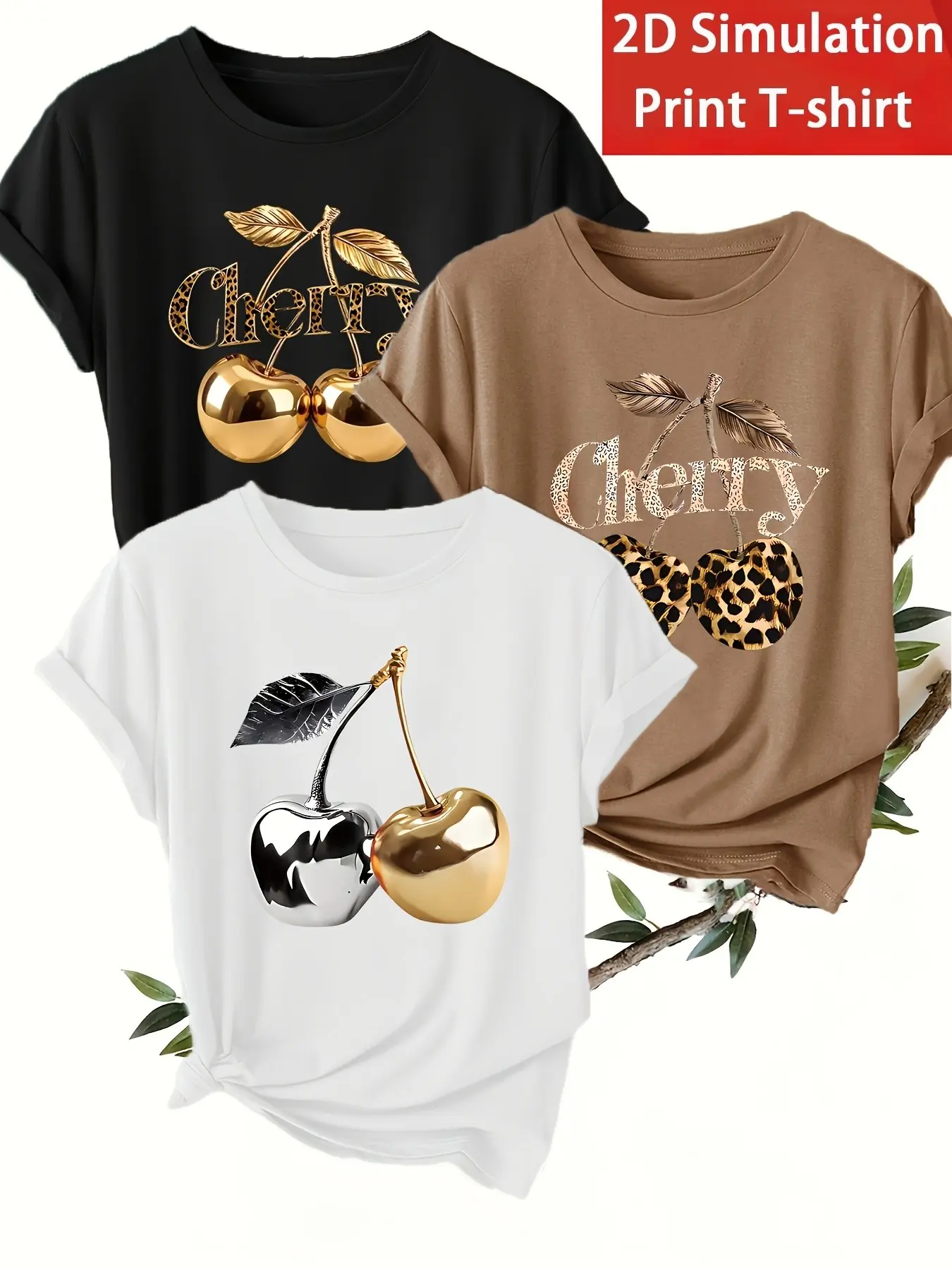 3-Pack Women's Casual Short Sleeve Round Neck T-Shirts, Top, Cherry Print Design, Comfortable and Breathable Fabric, Spring Summer Fall Fashion