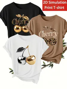 3-Pack Women's Short Sleeve Round Neck T-Shirts, Cherry Print Design, Casual Comfortable, Breathable, Spring Summer Fall Fashion