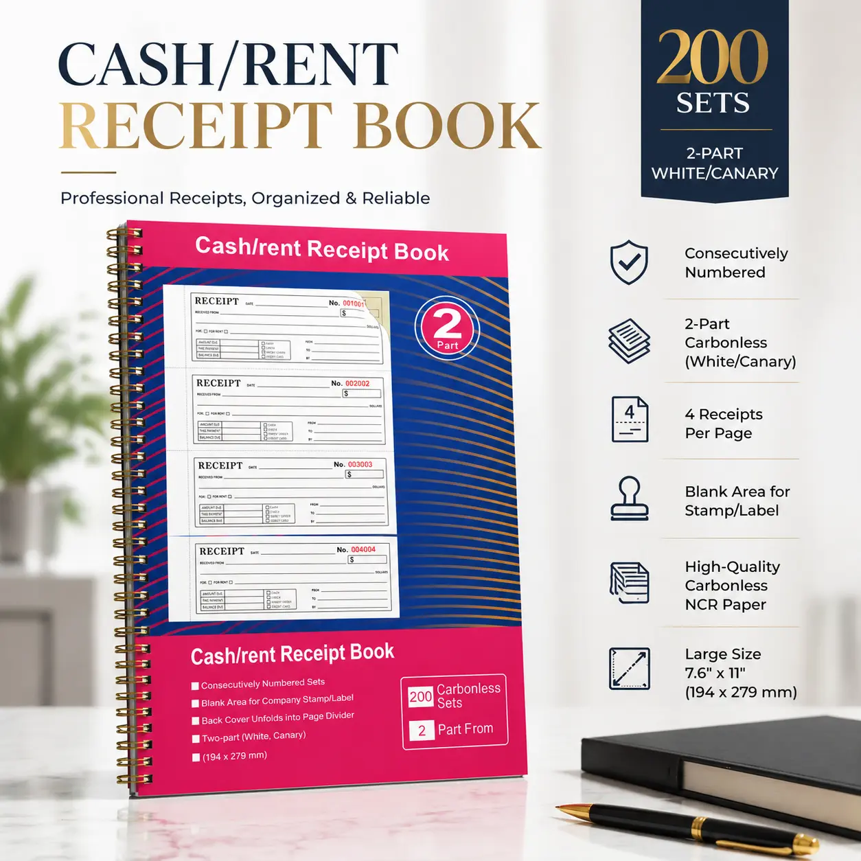 Professional 2-Part Receipt Book – 200 NCR Carbonless Sets, 11×7 in, Numbered Pages – Great for Rent, Cash, Payments & Small Business – Minimalist, Sleek & Organized!