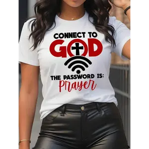 "CONNECT TO GOD THE PASSWORD IS: phayer"✨ Women's Round Neck T-Shirt| Letter & Cross Graphic Tee, Casual Short Sleeve Summer Top Inspirational Christian Shirt for Daily Wear, Perfect Gift for Women