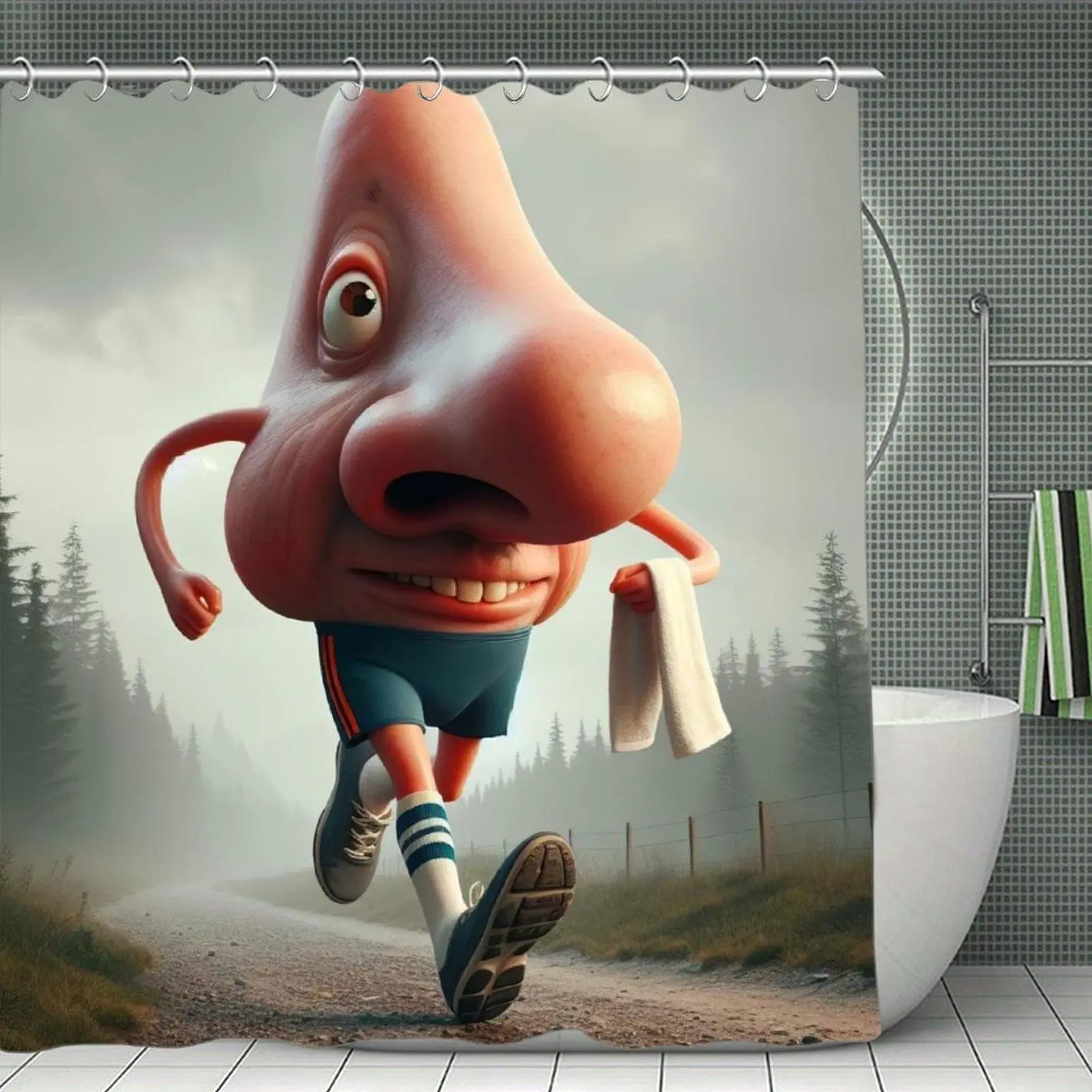 Funny Cartoon Shower Curtain, Weird Giant Nose Character Jogging On Country Road Design, Plastic-Stainless Steel Accents, 180x180cm Splash-Proof Bathroom Supply for Bathtubs