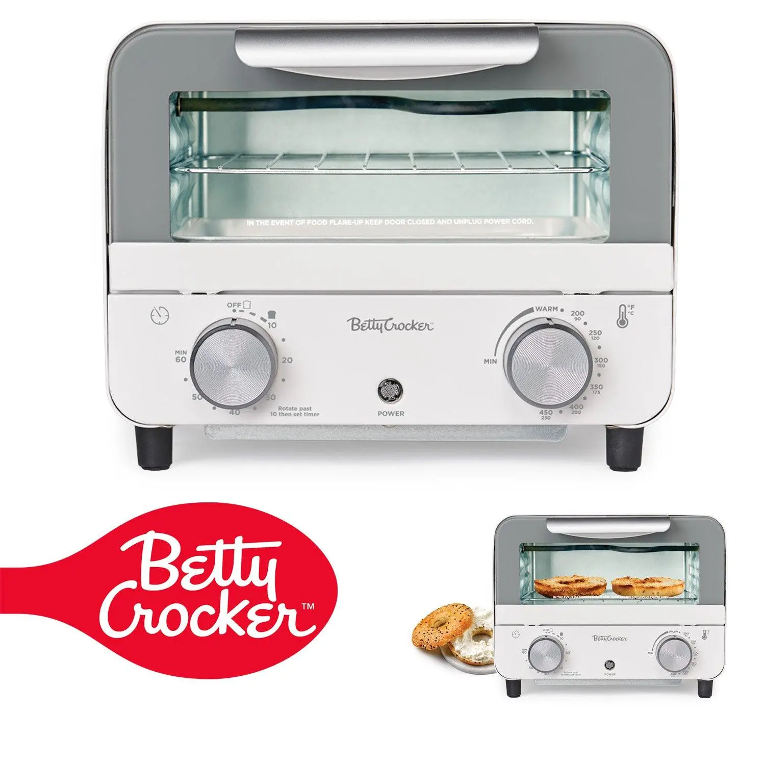 Betty Crocker Mini Toaster Oven, Compact Countertop Oven for Dorms, RVs, Apartments, 7-Liter Capacity, 750W, Adjustable Timer, Includes Baking Tray & Rack, BC-5629W, White/Gray