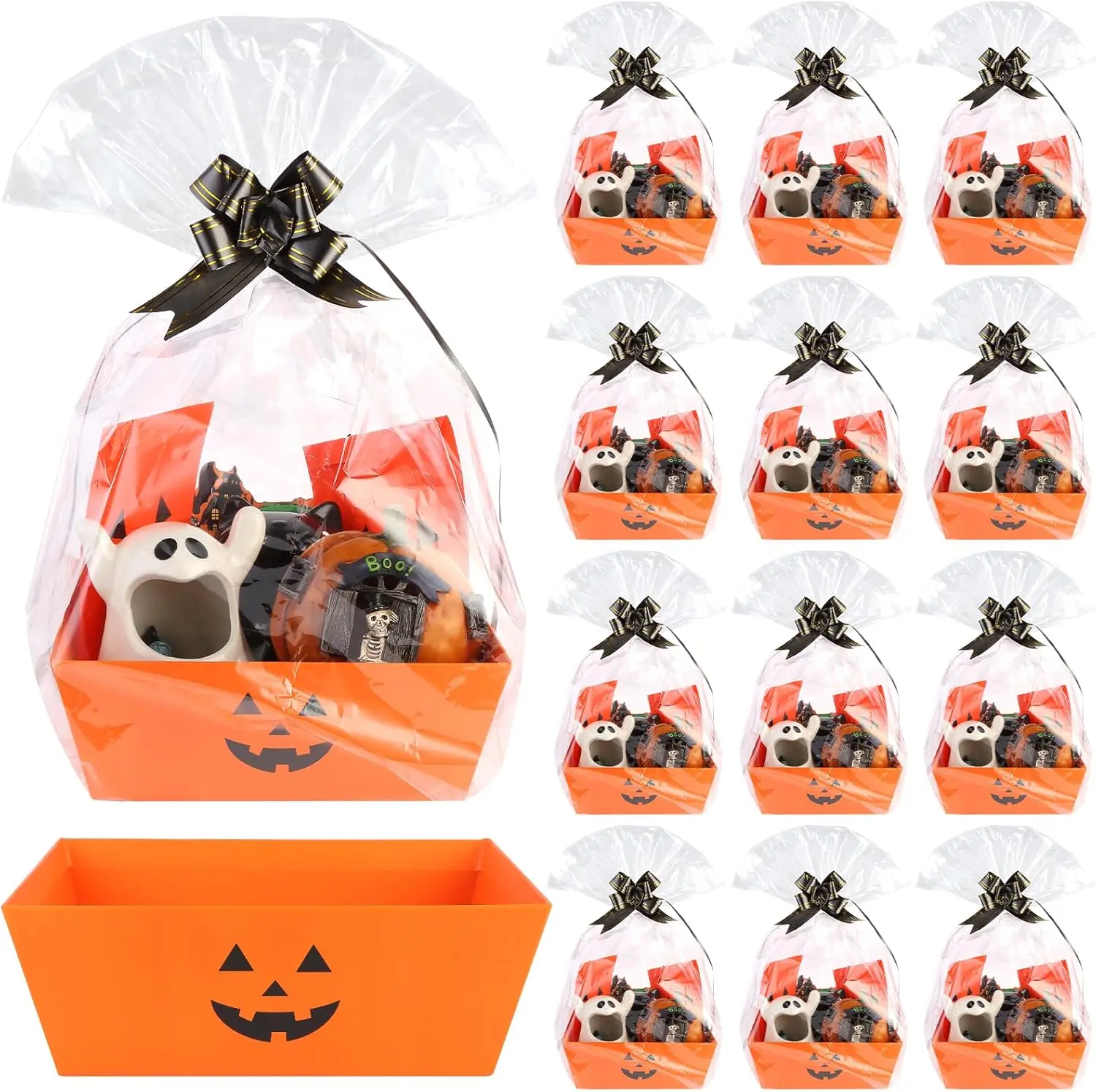 36 count 12 Pack Halloween Basket Boo Basket Set 8x10inch Pumpkin Baskets for Gifts Empty to Fill with Baskets Empty Bags Pull Bows for Halloween Holiday