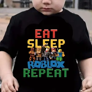 Boys"Eat Sleep Roblox Repeat"T-shirt Gamer Gift Round-neck Breathable 100% Cotton Kids Super Cool Roblox Printed T-shirt for Layering or Wear Alone