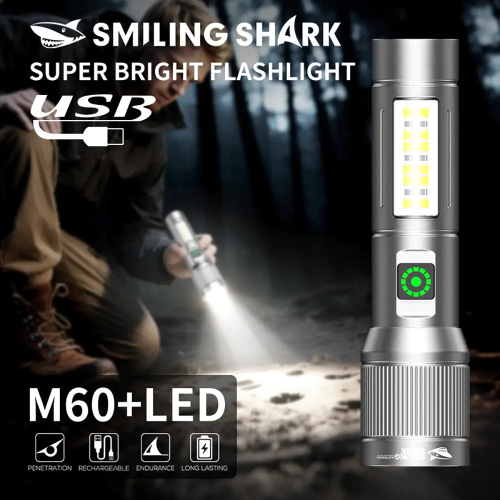 smilingshark M60 Luminous Powerful LED Flashlight for Adults - 6000LM, COB Red Light, 6 Modes, Zoomable Beam, Type-C Rechargeable 1200mAh Built-in Batteries, 2-3h Usage, Compact Emergency Light Torches, Adventure Torches (Sports & Outdoor Camping Gear), L