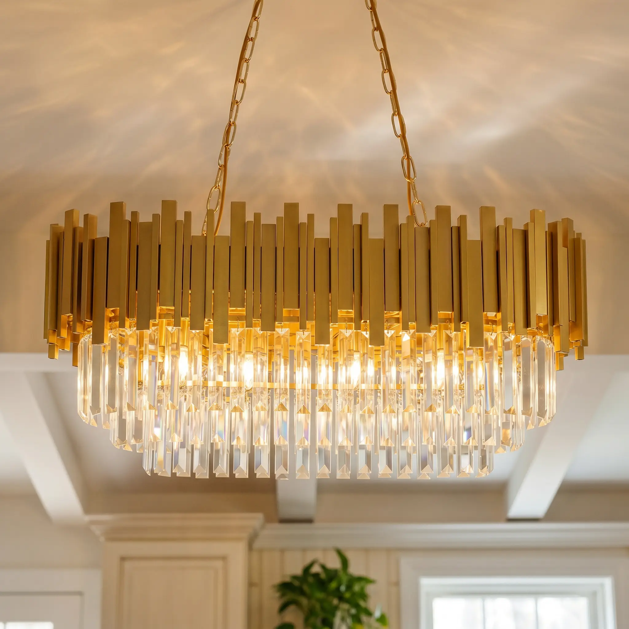 Modern Gold Crystal Chandelier, Oval 3-Tier K9 Crystal Linear Pendant Light, 31.4" Width Adjustable Hanging Chain, E12 Base Luxury Light Fixture for Kitchen Island Dining Room Living Room, Bulbs Not Included