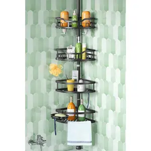 Corner Shower  Tension Pole: Rustproof  4-Tier Bathroom Organizer Shelves for Bathtub Shampoo Storage - -121 Inch Quick Install Adjustable Standing Rack with Soap Rack - Black