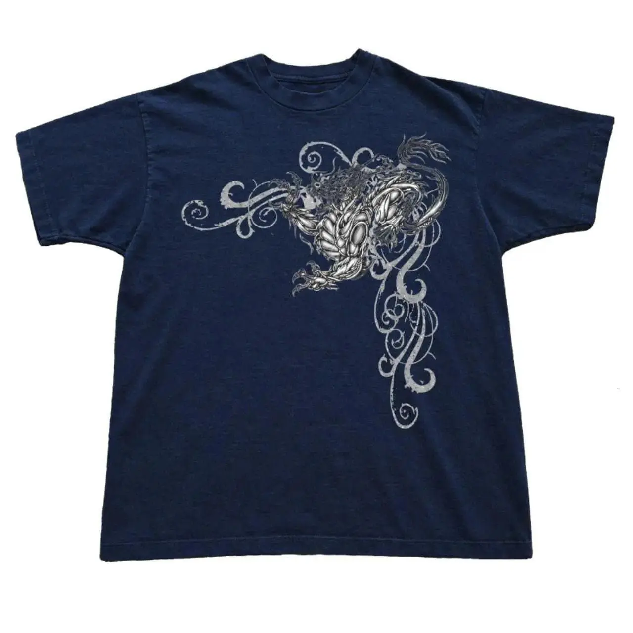 Grunge Tribal Dragon Tee - Navy Cyber Y2K Shirt