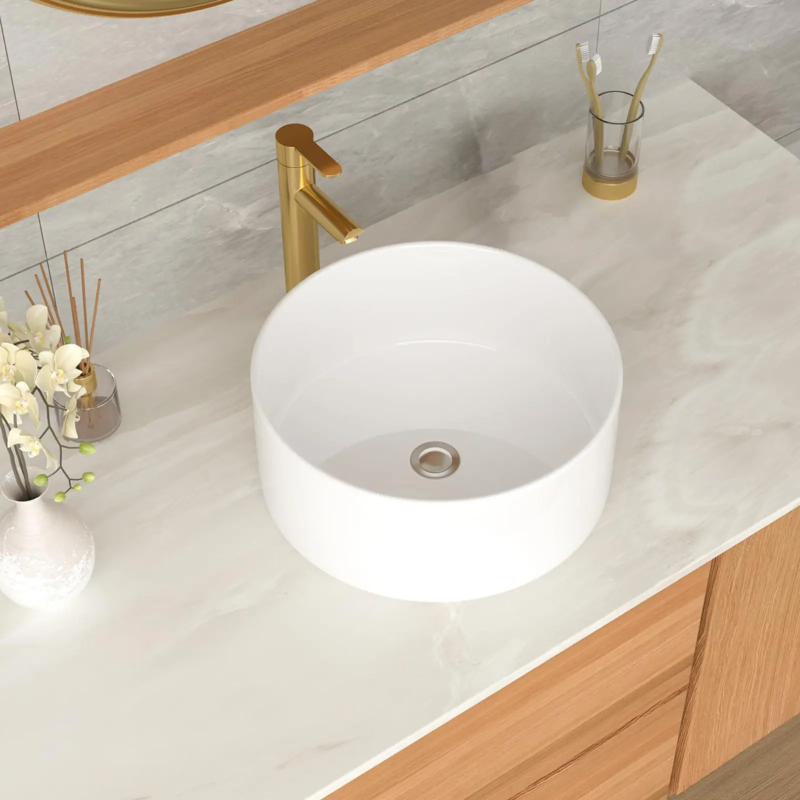 Countertop Bathroom Sink, Round White Ceramic Countertop Basin, Modern Washbasin, Suitable For Residential And Commercial Bathrooms, Easy To Clean.