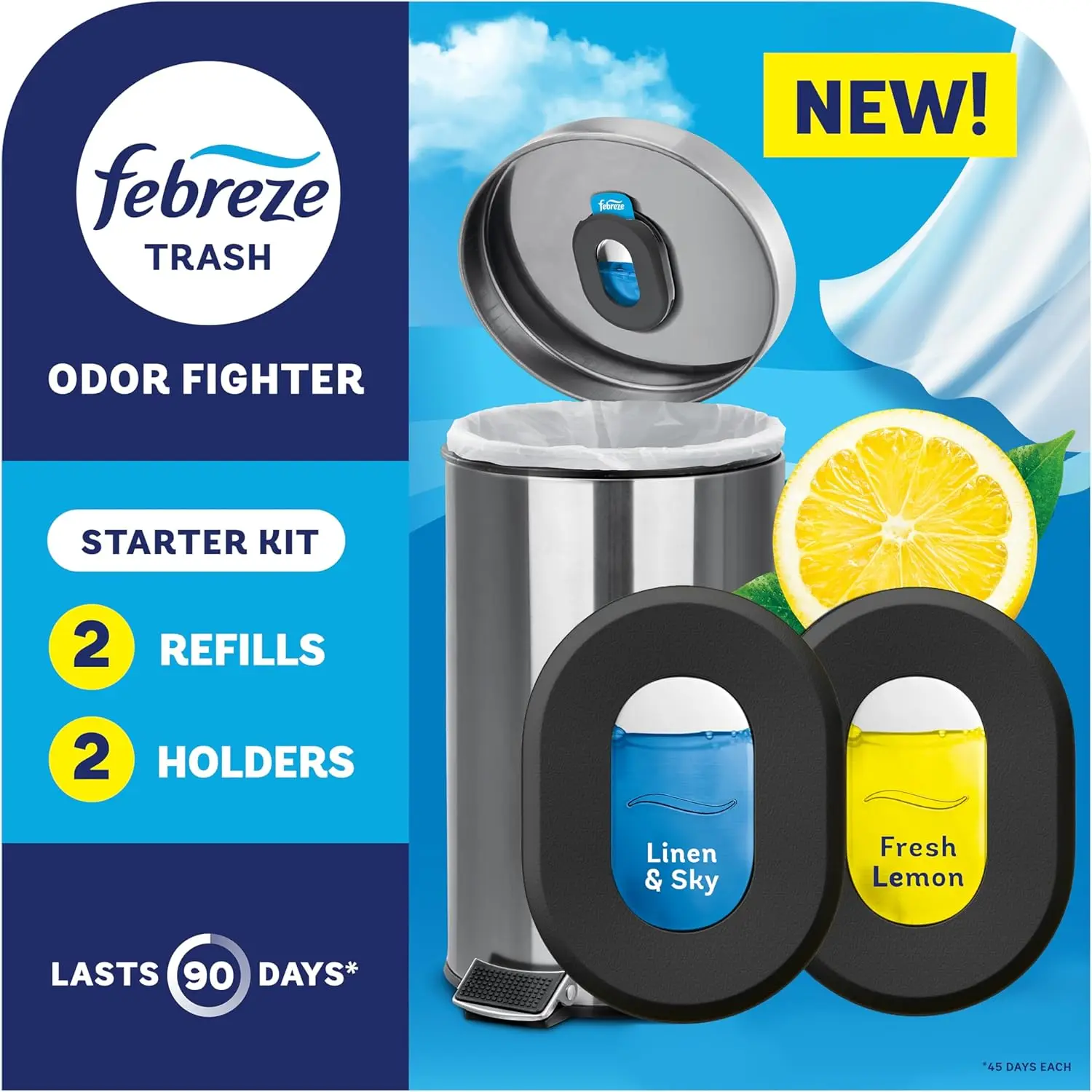 Febreze Trash Can Odor Fighter, Can Air Freshener, Stick-On Deodorizer for Garbage Cans, Diaper Pails, Works with Scented Bags, Fresh Lemon and Linen & Sky Scents, 2 Holders + 2 Refills