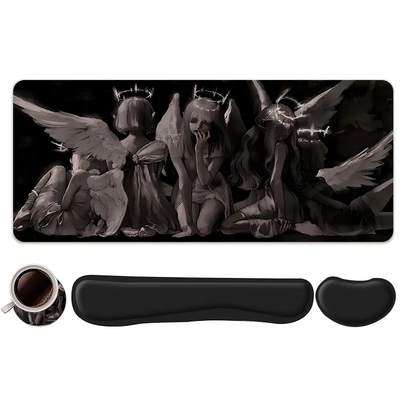 4pcs Gothic Dark Angels Design Mouse Pad With Wrist Rest + Keyboard Wrist Rest + Ergonomic Mouse Pad + Coaster Set For Desktop Decoration, Office Accessories Set Ergonomic Wrist Support, Computer Mat Mouse Pad Coaster Suitable For Home Office Gaming