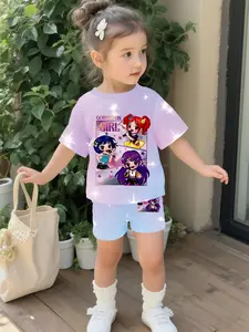 Cartoon girl baby girl suit with digital printing, 100% polyester baby short-sleeve suit, cute baby girl casual clothing, suitable for daily and outdoor sports T-shirts, a perfect gift for babies and toddlers, Vintage Girly Clothes, Fine Girls Outfit