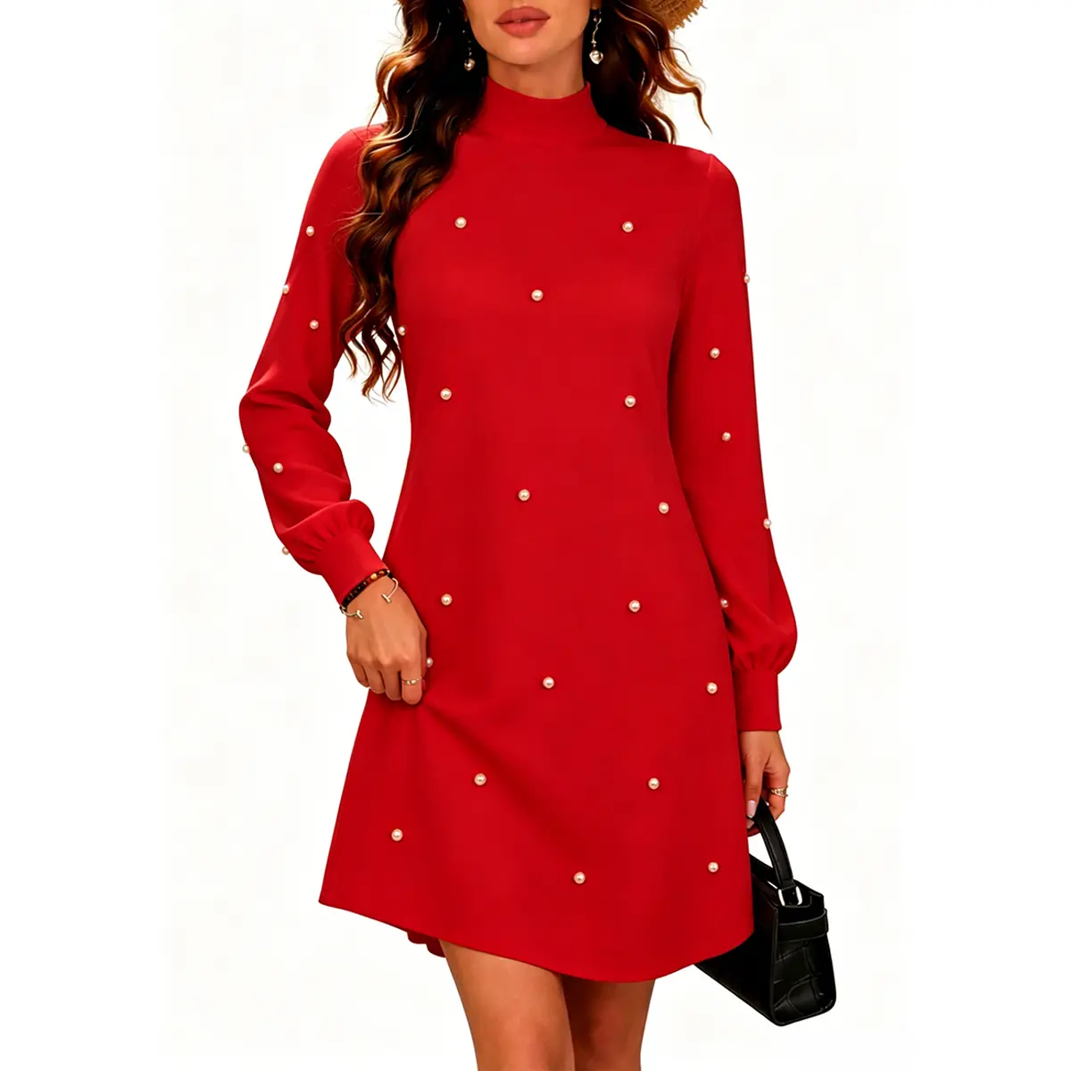 HYZ Women's Elegant Pearl Long Puff Sleeve Mock Neck A-Line Cocktail Party Mini Dress for Fall Winter