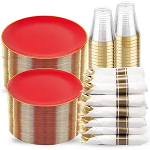 350PCS Red Plastic Plates - Heavy Duty Red Plates Disposable - 50Guest Christmas Dinnerware Include 50Dinner Plate,50Dessert Plate,50Pre Rolled Napkins with Silverware for Christmas&PartyDD17CoreComet