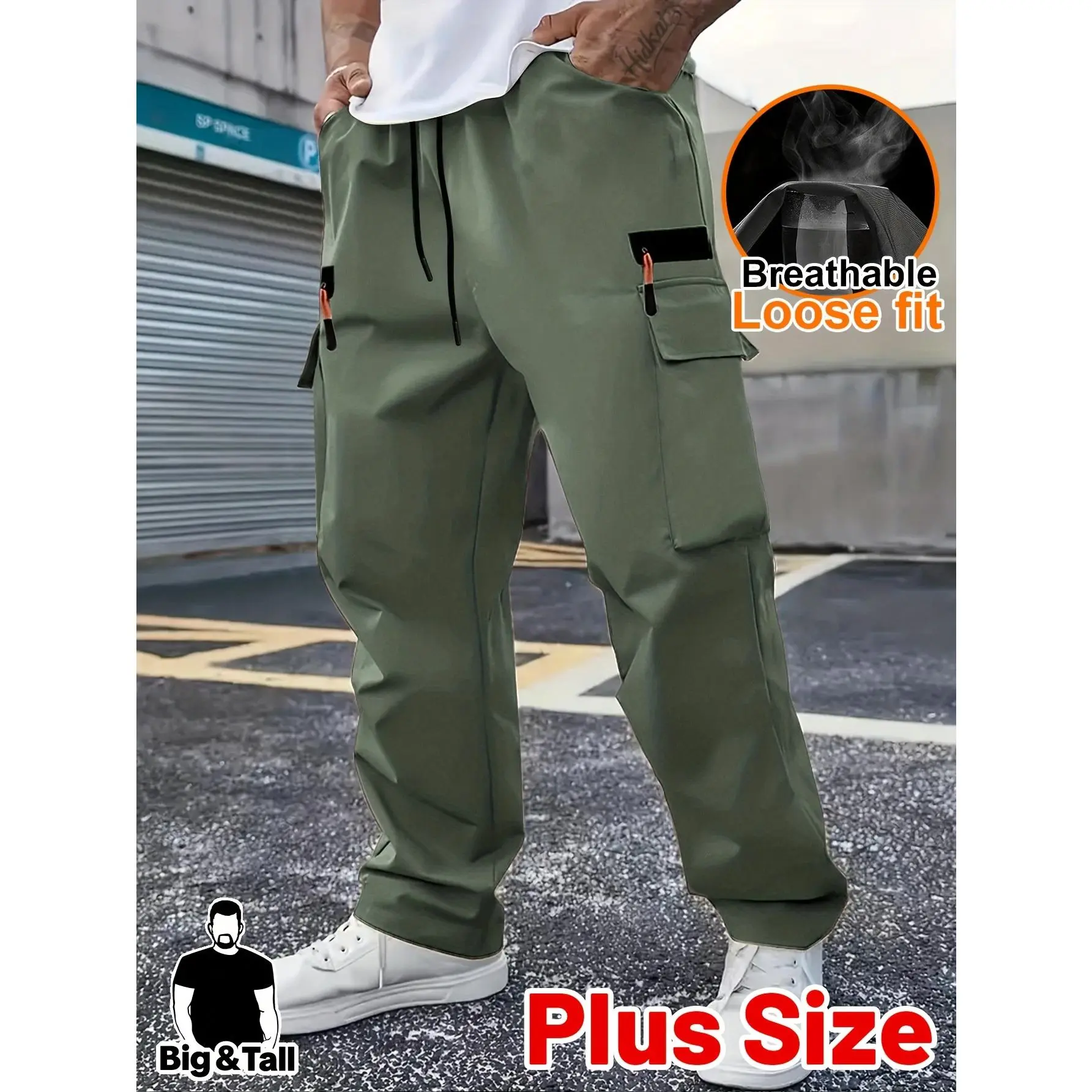 Plus Size Men's Sporty Loose-Fit Plain Joggers, Lightweight Breathable Fabric, Elastic Drawstring Waist, Mock Zipper Pockets, Ideal for Daily Leisure & Running (Sports & Outdoor Clothing), Sporty Joggers