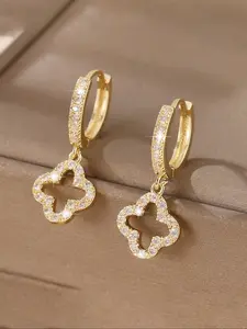 Elegant Copper Zircon Four-Leaf Clover Pendant Earrings, Fashionable Design for Women, Perfect for Parties and Daily Wear, Dangle Earrings Set