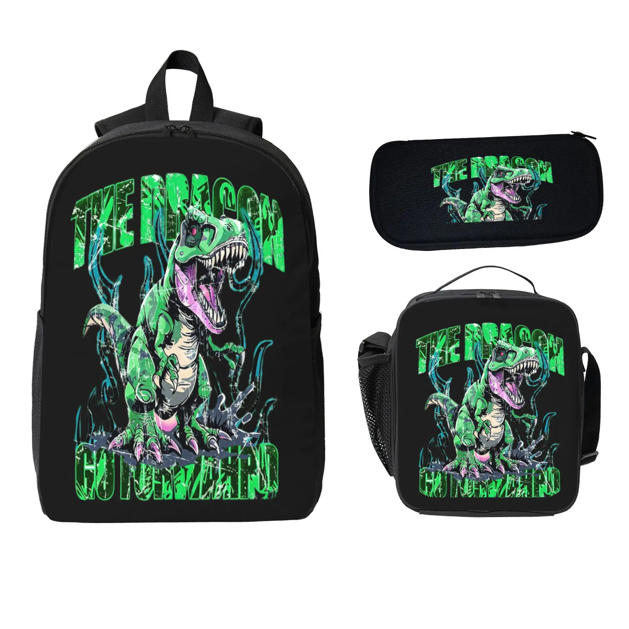 3 in 1 T-Rex Dinosaur Backpack Set, Green Dino Street Graphic School Bag with Lunch Box & Pencil Pouch
