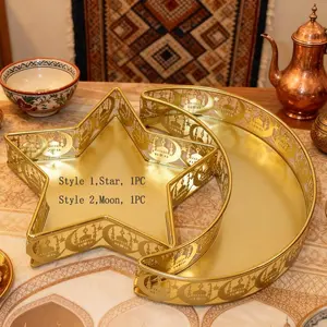 Gold Star Crescent Wrought Iron Tray Storage Box Christmas Home Decor Luxury Style Ramadan Moon Star Pattern Festival Decorative Plate Ideal Choice Collection Ornament Non Food Contact