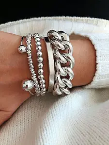 Fashion Chain Open Cuff Bracelet Set, 5Pcs Stackable Cuban Chain Layered Chunky Beaded Bangle, Vintage Exaggerated Old Coin Adjustable Minimalist Trendy Jewelry Accessories, Unisex Fashion Jewellery for Daily Wear Date Party Vacation Holiday Gift