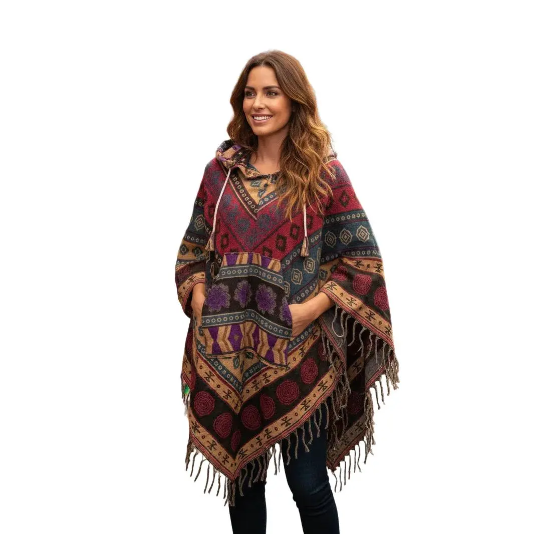 Festival Hooded Poncho: Unisex Boho Woven Wool Blend