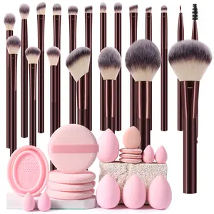 37PCS All-in-One Summer Beauty Essential: 20 Ultra-Soft Premium Synthetic Fiber Makeup Brushes + Practical Detachable Cleaning Bowl + 16PCS Triangular & Heart-Shaped Velvet Powder Puffs – Ideal for Daily Makeup, Travel & Gift-Giving