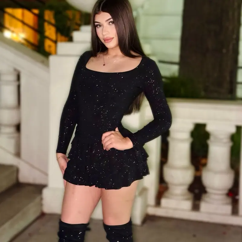 Glitter Romper Night Out - Long Sleeve Skirted Romper with Sparkle Detail for Party Wear