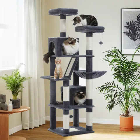 PAWZ Road 70.9-Inch Plush Fabric Flower/Cactus Large Cat Tree Scratcher - Anti-Tip Kit, Multiple Levels, 6 Scratching Posts, 2 Perches, Plush Condos Invite Cozy Naps, Hammock, 2 Pompoms for Indoor Large Cats#DealsForYouDays