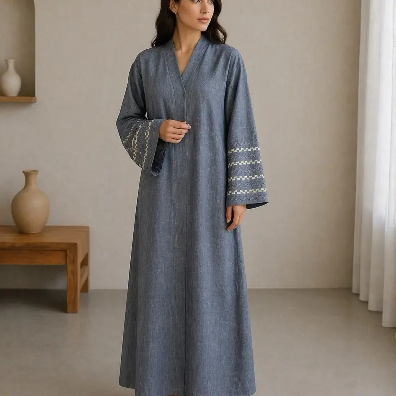 Embroidered Cotton Abaya with Sleeves Embroidery V Neck Front Closed Traditional Design for Women