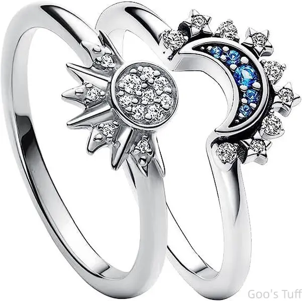Dainty stacking rings trendy couple matching rings celestial sun moon ring blue crystal diamond inlay minimalist shiny two piece ring set gift for dating anniversary daily wear party outfit