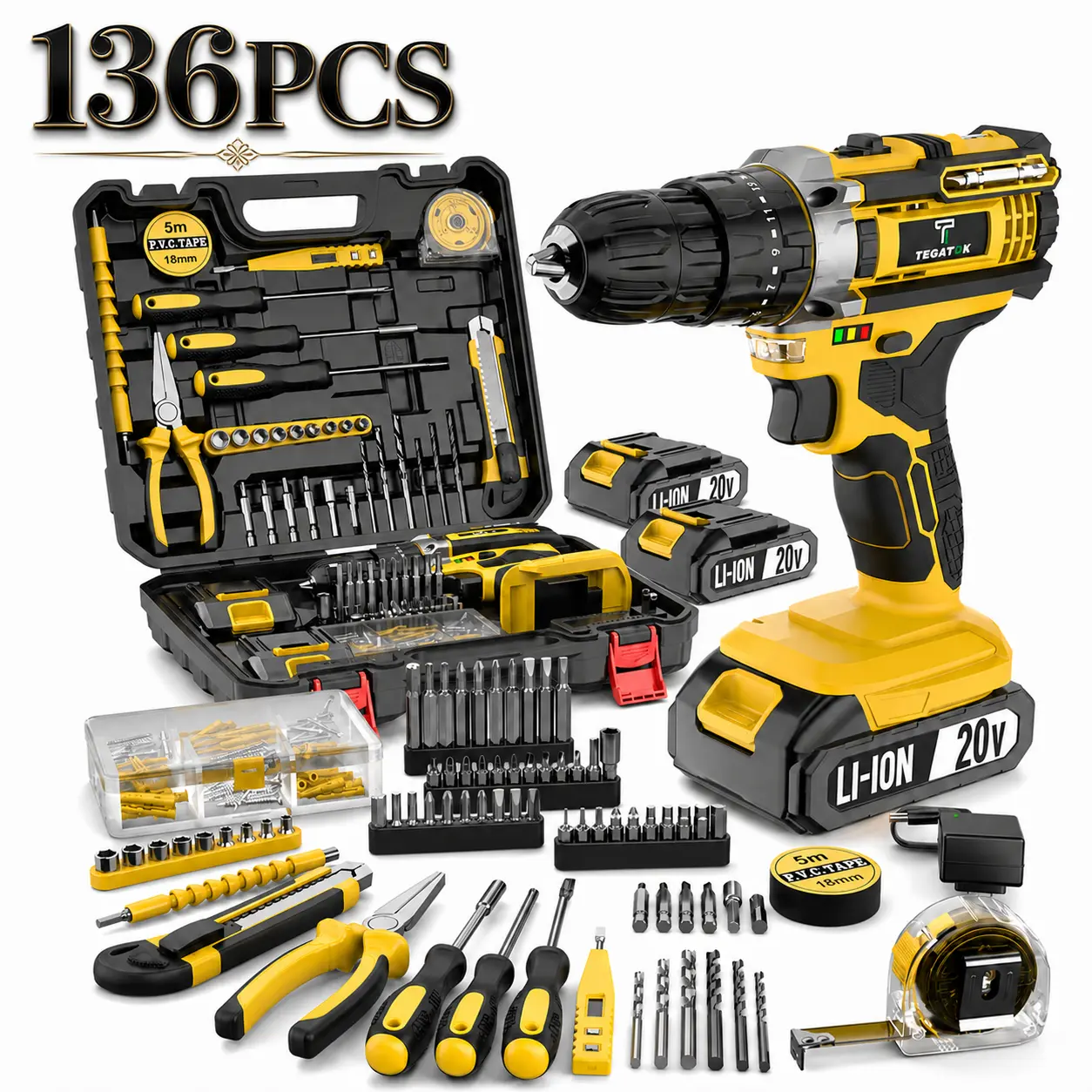 20V Cordless Drill Tool Set (136-Piece) – Rechargeable Li-Ion Battery Drill Kit with Charger, Daily Home Repair Accessories, Portable Carry Case for DIY, Furniture Assembly, Tools & Hardware Needs, Drill Type Drill Sets adjustable