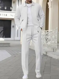 Men's Fashion Casual Waffle Texture Business Jacket Set with Jogger Pants, Long Sleeve, Zipper Detail, Spring & Fall Weekend Choice