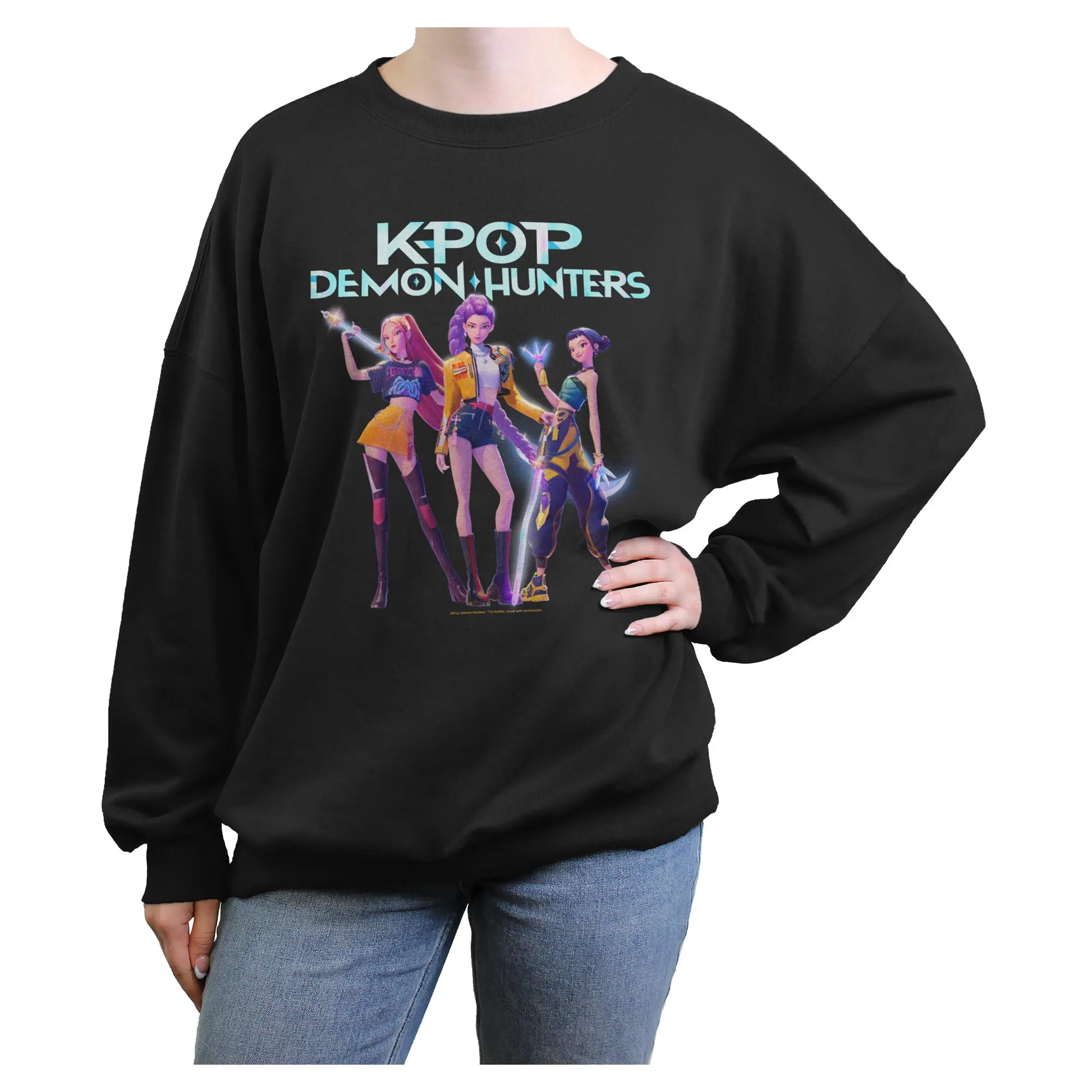 Juniors Womens KPop Demon Hunters Trio Girls Group Shot Sweatshirt