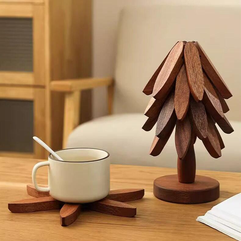 Wooden Trivets for Hot Dishes, Tree Shape Trivet Set, 4  + 1 Stand stored Like a Christmas Tree,Foldable Kitchen Wooden Trivet,for Hot Dishes、Pot、Bowl、Teapot、Hot Pot Holder，Kitchen supplies, eco-friendly, decorative items