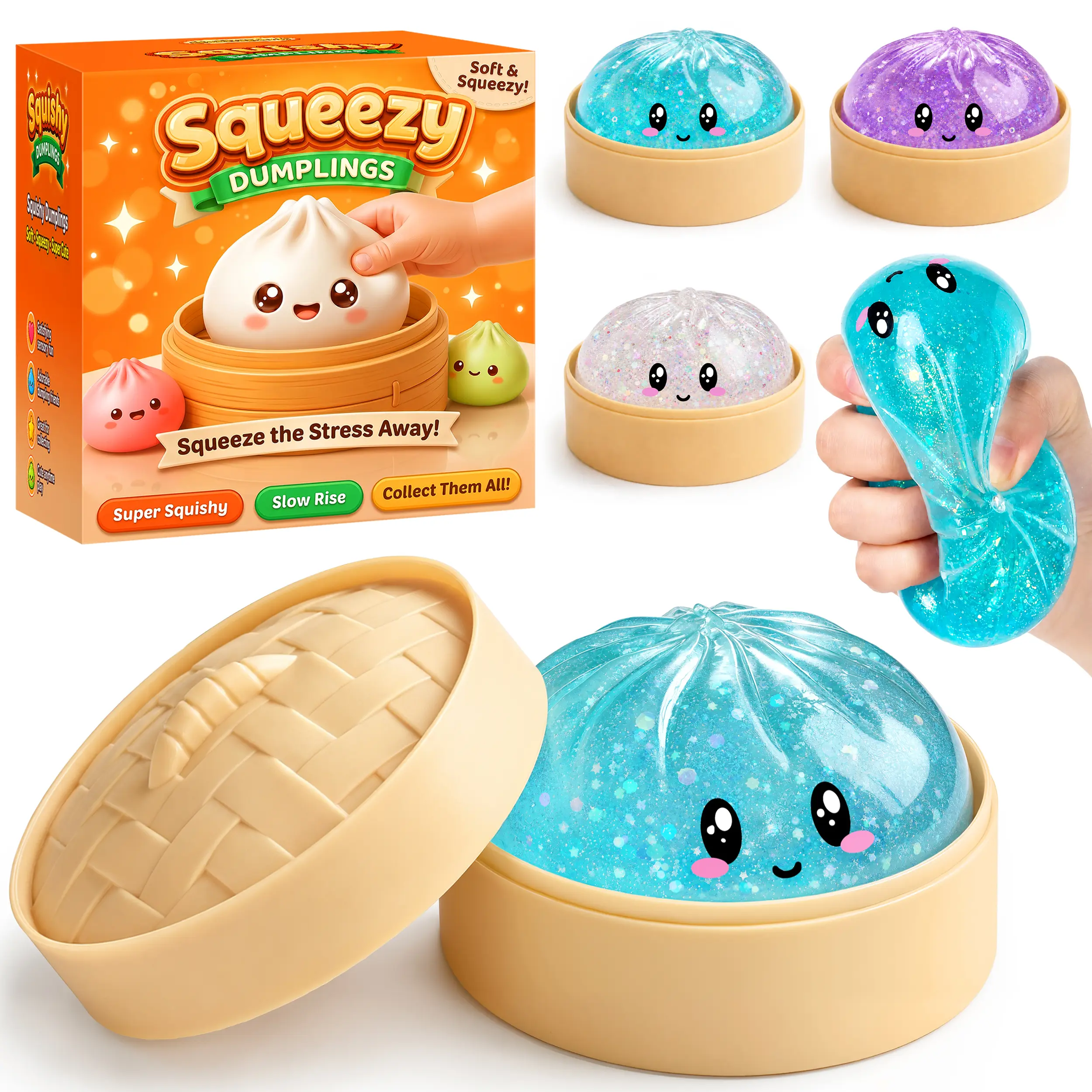 Glitter Dumpling Squishy Toy with Box, Soft Sensory Squeeze Stress Relief Toy, Decompression Fidget Toy, Choose Your Favorite Color Freely, Not Blind Box, Calm Desk Toy for Adults & Kids