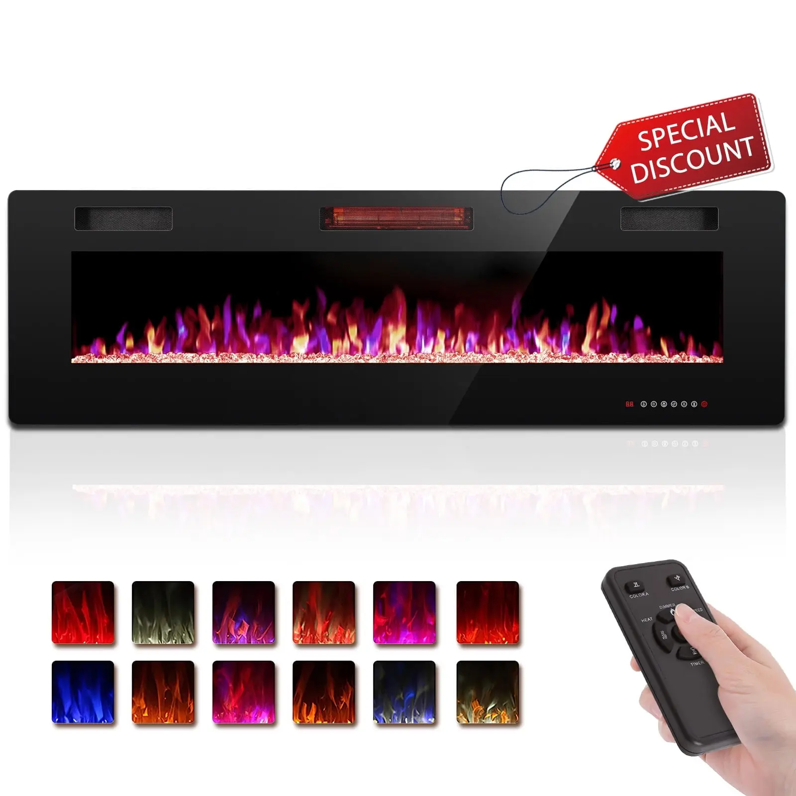 R.W.FLAME 60" Indoor Electric Fireplace - Ultra-Thin Wall-Mounted or Recessed Unit with Touch+Remote Control, Energy Saving LED Flame, Multiple Colors, 1-8 Hour Timer, Overheat Protect