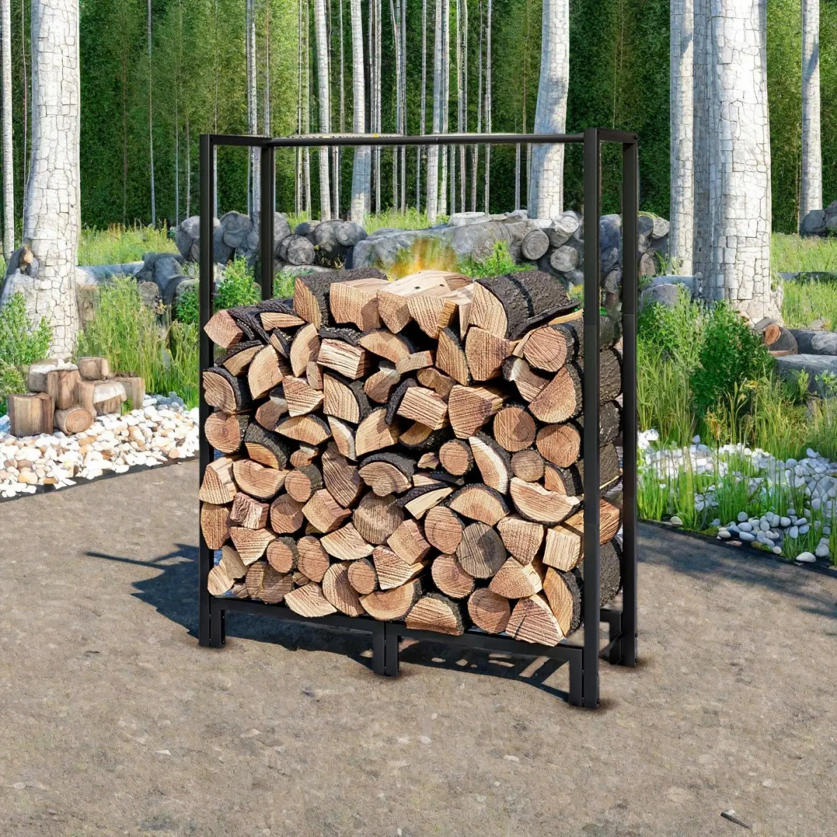 Heavy-Duty Iron Wood Log Holder - 4ft Rectangle Floor-Mount Firewood Rack, 30.51in Wide, 41.34in High, Weatherproof, Assembly Required, Indoor/Outdoor Organizer That Accommodates a Considerable Amount of Firewood