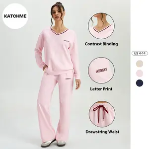 KatchMe Women's Basic Contrast Binding V-Neck Long Sleeve Sweatshirt & Drawstring Waist Wide Leg Trousers Co-ord, Minimalist Soft Tracksuit
