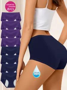 QUASTI 8 Pack Mid Waist Ladies Menstrual Period Briefs, Breathable Comfortable Full-Coverange Anti-Leak Intimates Ladies Padded Panties, Skin Friendly Elegant Chic Fabric Underwear For Women, Superior Absorbency Fashionable Basic Panties For Women, S-XXL