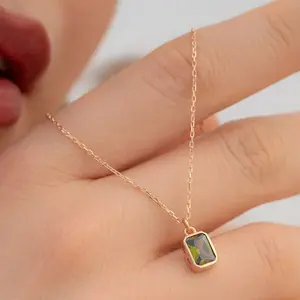 Peridot Baguette Necklace: Dainty Sterling Silver August Birthstone , Green Color