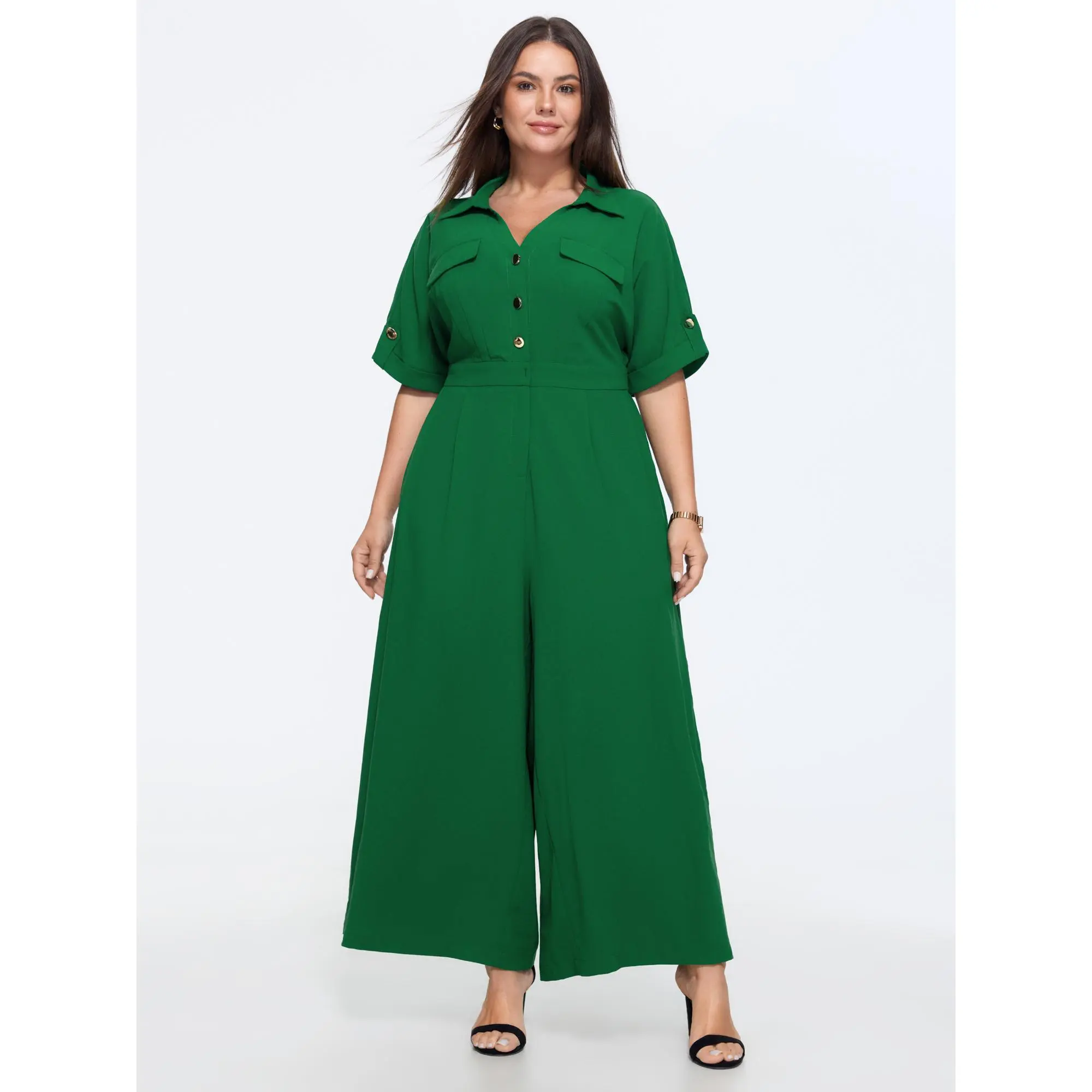 BloomChic Plus Size Smocked Button Placket Wide-Leg Jumpsuit, Solid Polyester Office Overalls Garment with Pockets, Smooth, Fit, Fabric, Low Iron, Business, Side Pockets, Basic, Do Not Tumble Dry, Curvy Women Plus Size, Regular Length