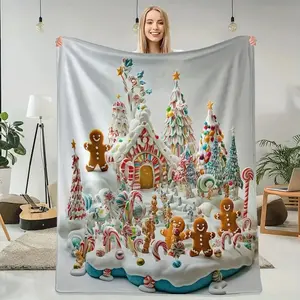 Christmas Cute Gingerbread House Design Flannel Blanket, Soft Warm Plush Throw for Home Bedroom Sofa Travel, Luxury Gift Idea