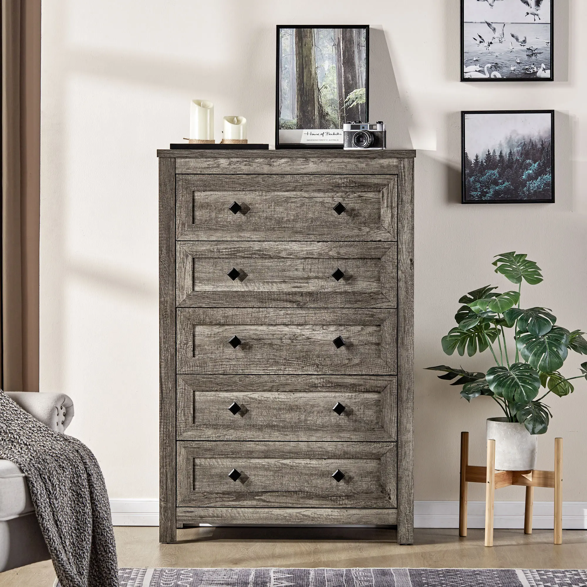 AMERLIFE 5 Drawers Dresser for Bedroom, Tall Chest of Drawers with Vintage Grain Texture, Farmhouse Wood Dresser for Bedroom, Living Room, Hallway