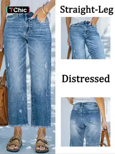 Women's Elastic Ripped Straight Leg Jeans Pants, Everyday Casual Loose-Fitting Denim for All Seasons, Washable Daily Wear