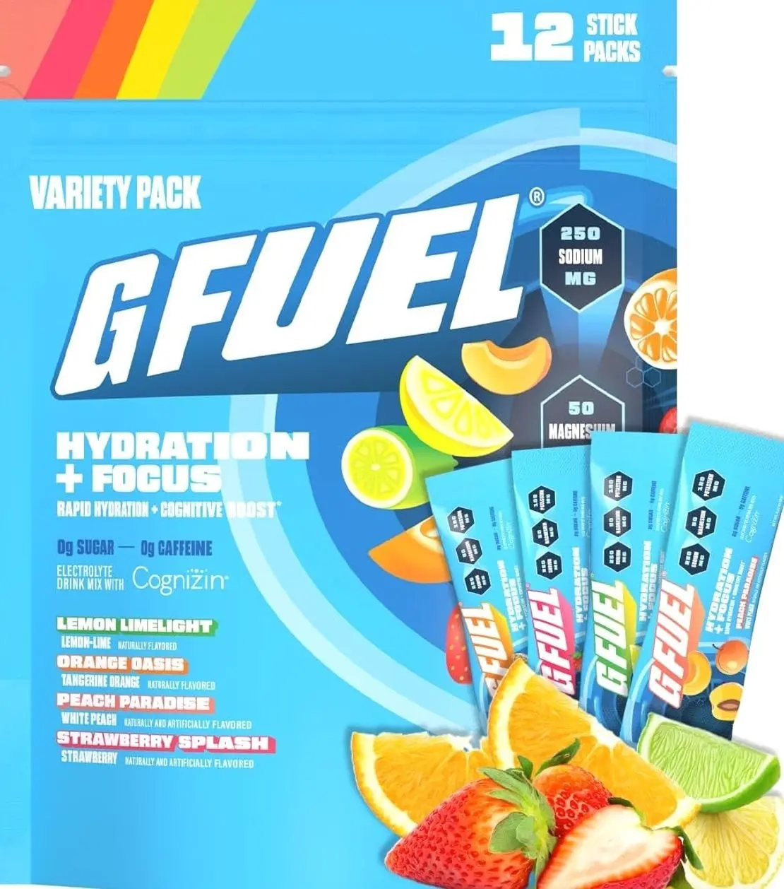 G Fuel Electrolytes Powder for Instant Hydration and Focus | Sugar Free Electrolytes Variety Pack of Lemon, Orange, Peach, Strawberry, Nootropic Drink Mixes to Sharpen Mental Focus, 12 Servings