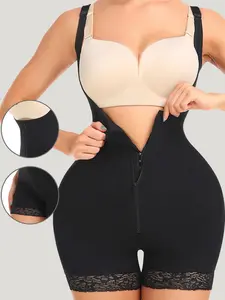 Women's Solid Contrast Lace Zipper Sleeveless Seamless Smooth Shapewear Clothing, Curvy Fit Tummy Control Faja Shapewear Romper, Sculpting Bodysuit, Thigh Slimmer Shorts, Womenswear, Shaper, Underwear, Casual