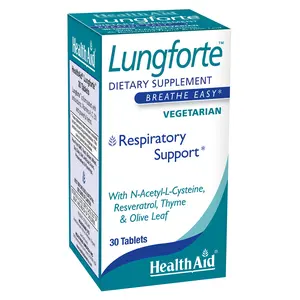 HealthAid LungForte, 30 Tablets, Once Daily, Lung Support Formula, with N-Acetyl-Cysteine, Resveratrol, Thyme, & Olive Leaf