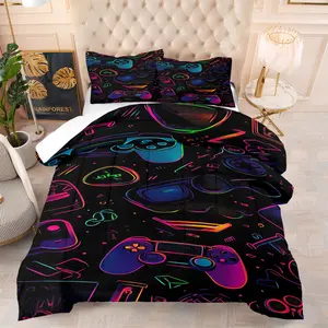 Kids Neon Gaming Printed Bedding Comforter Set, Polyester Fiber, Includes 1 Comforter & 1-2 Pillowcases, Trendy Design E-Sports Printed Bedding Set, Suitable for Teenagers and Gamers, a Great Bedroom Decoration Gift, Bedding Supplies