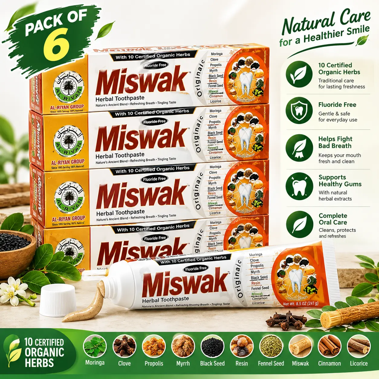 Pack of 6 - Miswak Herbal Toothpaste by Al-Riyan Group - Fluoride-Free with 10 Certified Organic Herbs - Oral Care for Healthy Gums & Fresh Air -  prevents bad breath