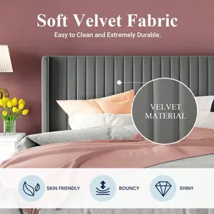 Allewie Full/Queen/King Size Velvet Bed Frame/Vertical Channel Tufted Wingback Headboard/Upholstered Platform Bed/Strong Wooden Slats/No Box Spring Needed/Easy Assembly/Blue/Black/White/Green/Teal/Pink/Grey * Bed Frame Queen Queen